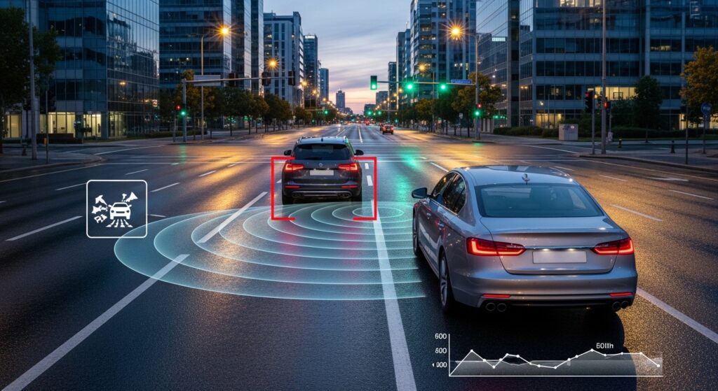 Automatic emergency braking technology helping prevent a front crash
