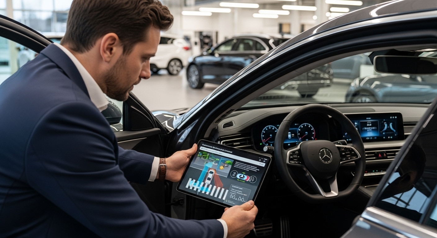 Car buyer checking automatic emergency braking before purchase