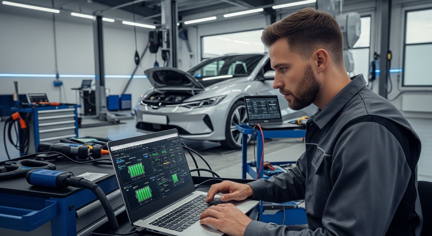 EV technician reviewing battery diagnostics for a used electric car
