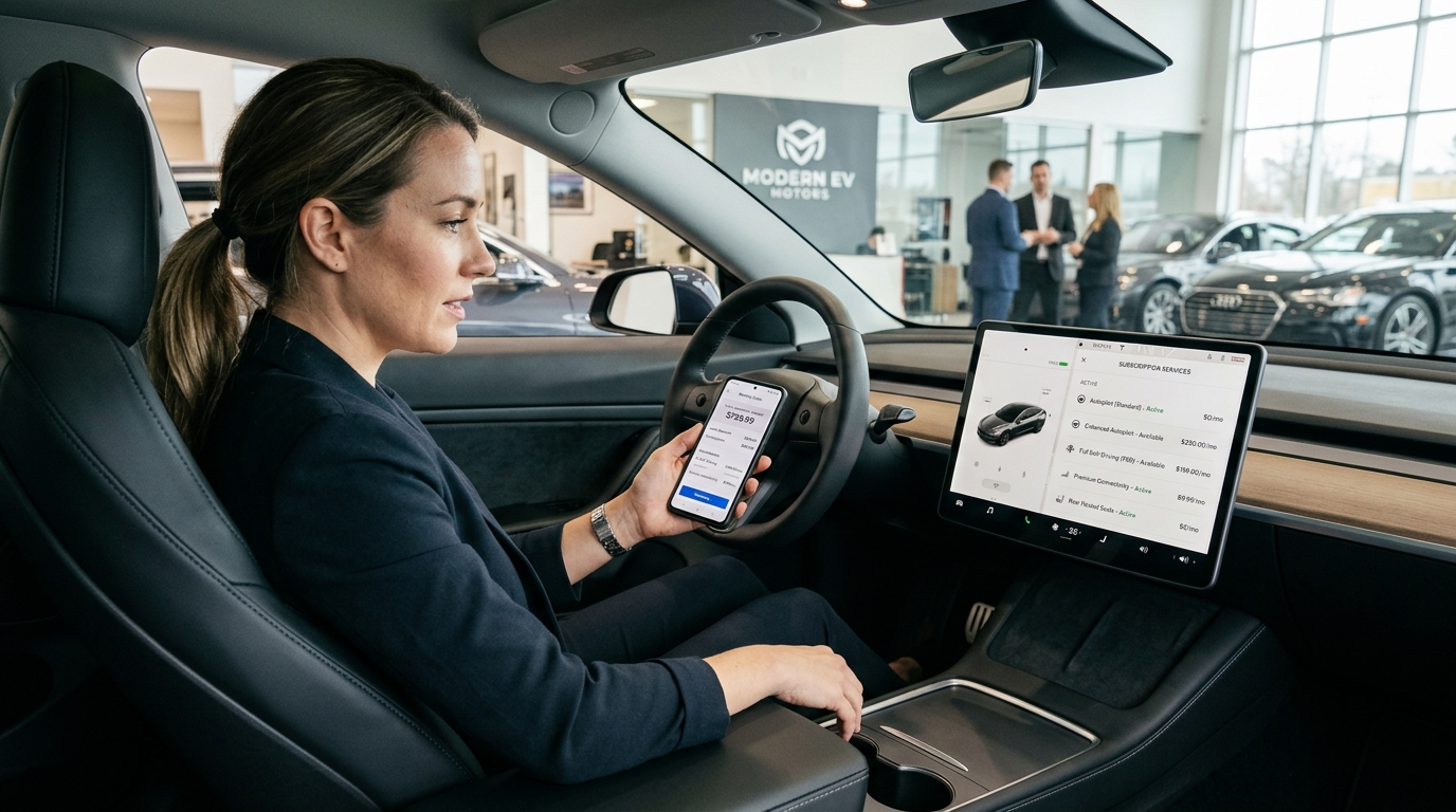 Buyer reviewing car feature subscriptions on a modern vehicle dashboard