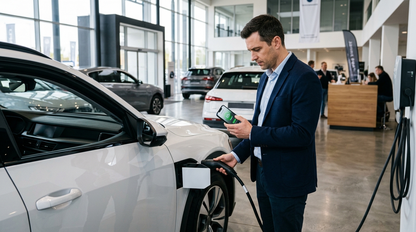 Car buyer checking NACS adapter before buying an EV
