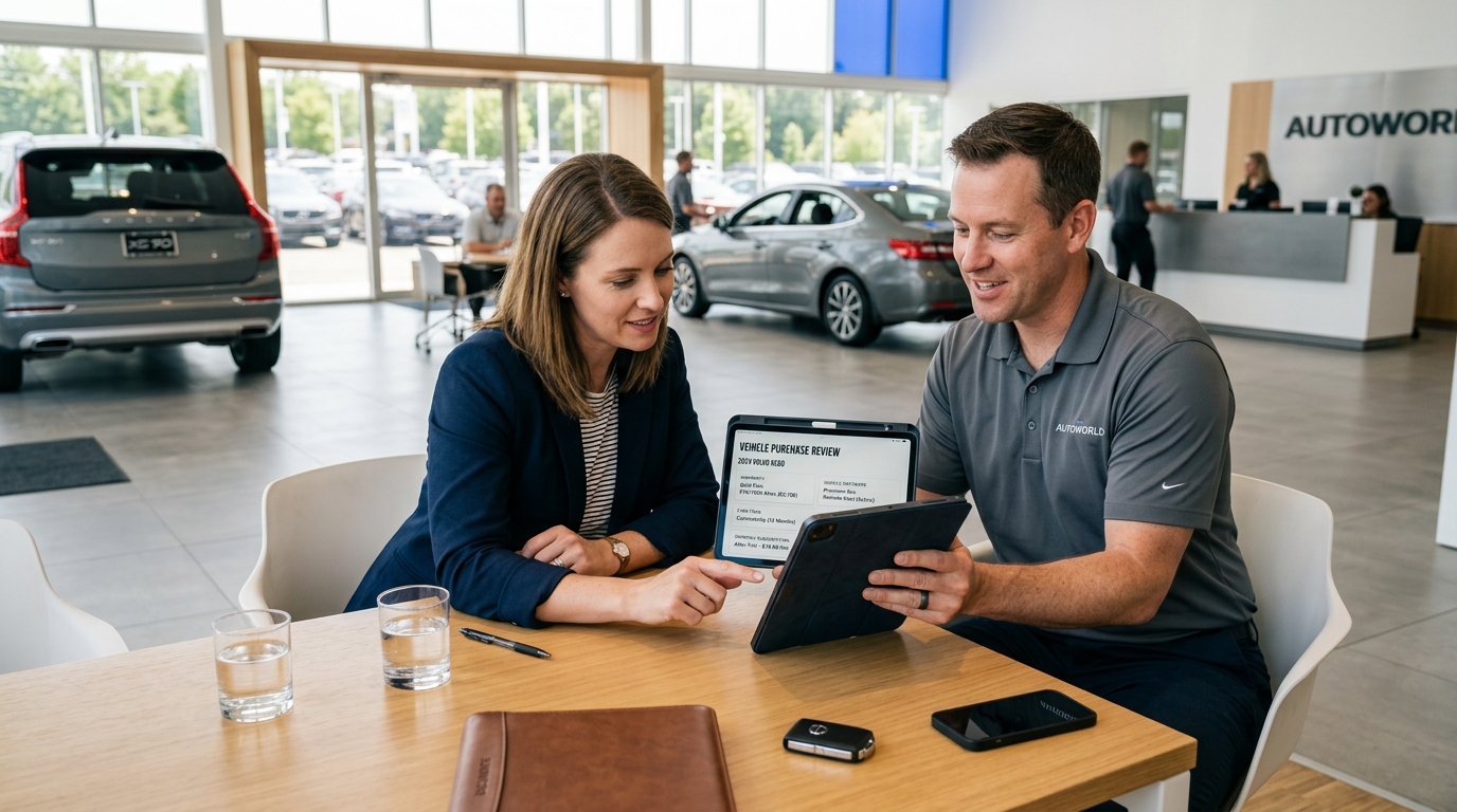 Car buyer checking monthly software subscription costs before purchase
