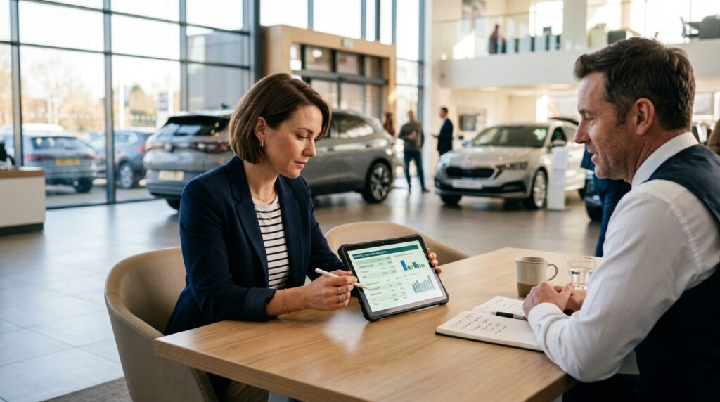 Car buyer comparing total vehicle ownership costs in 2026