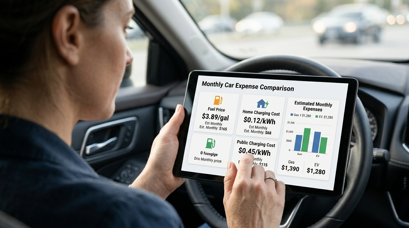 Driver comparing EV charging and hybrid fuel costs before buying a car