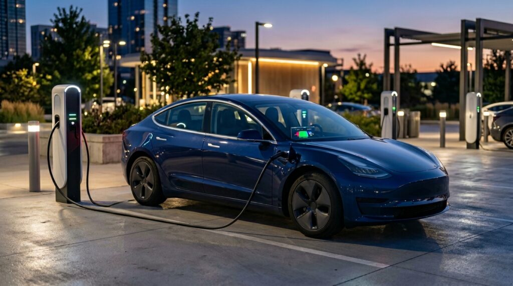 Electric car using NACS EV charging station in 2026