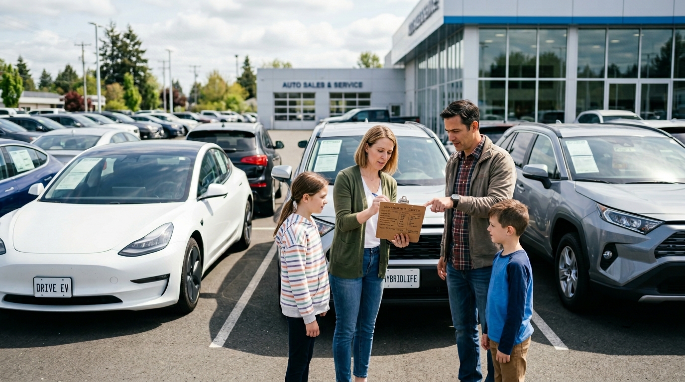 Family comparing car affordability between gas hybrid and electric vehicles
