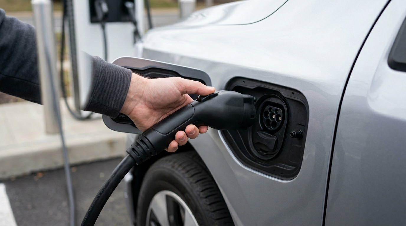 NACS EV charging connector plugged into an electric vehicle