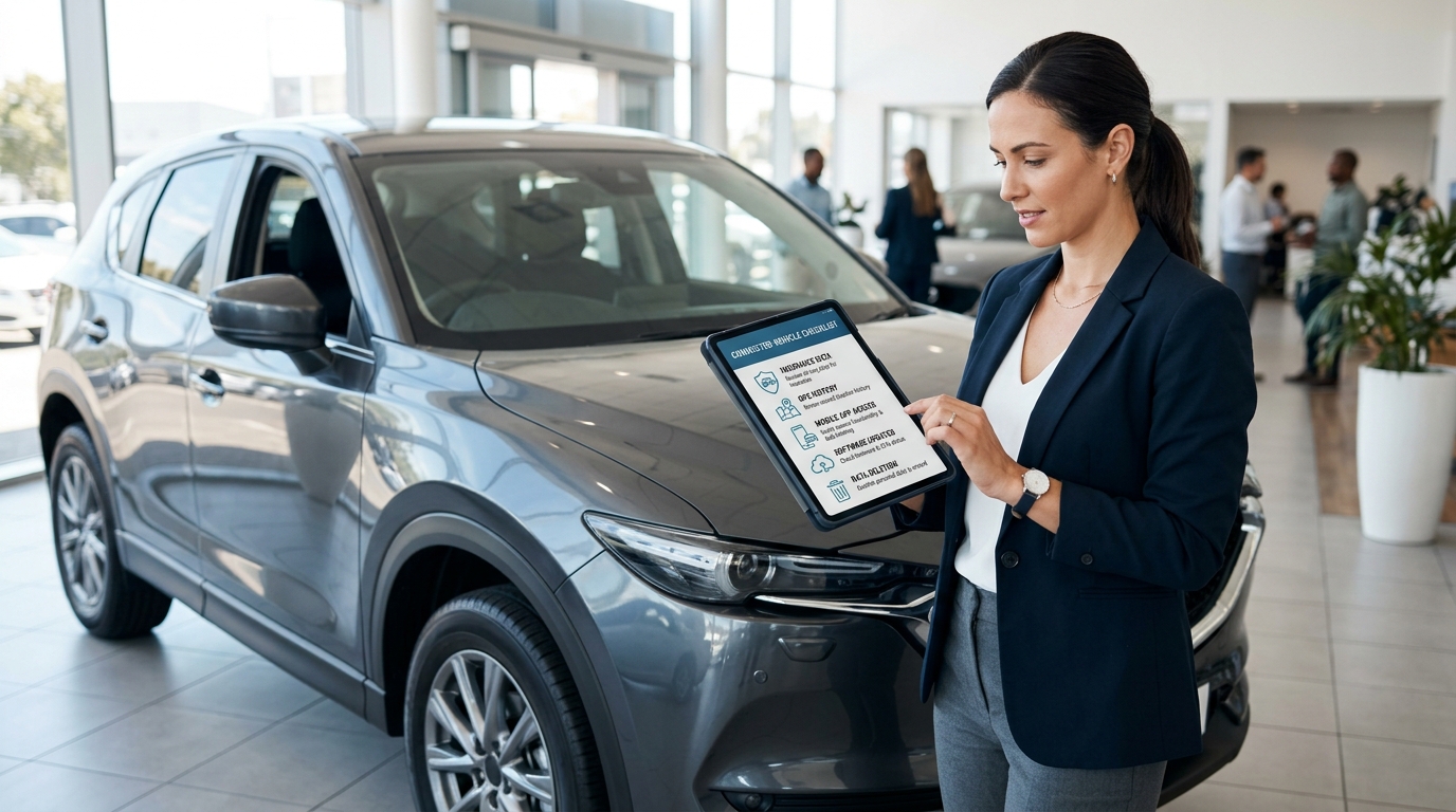 Car buyer reviewing connected vehicle privacy checklist before purchasing a modern SUV