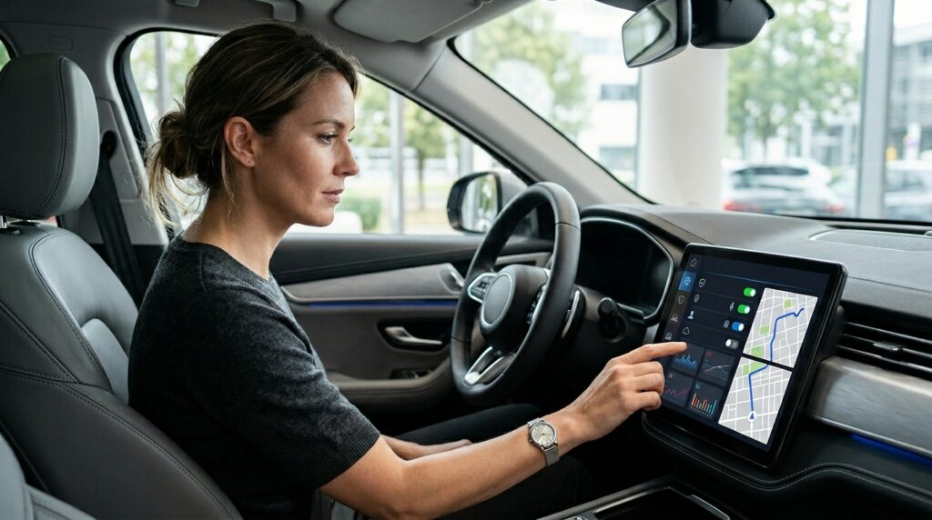 Connected car data privacy dashboard showing GPS data, app permissions, and vehicle privacy settings