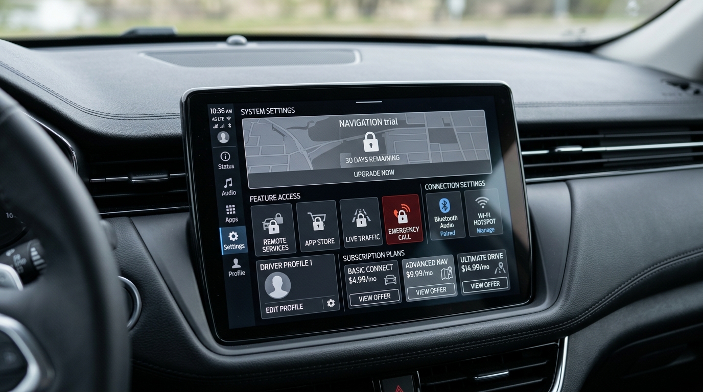 Modern car infotainment screen showing locked features, app settings, and subscription options