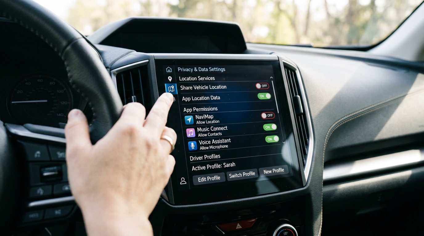 Modern car privacy settings screen with location sharing, app permissions, and driver profile controls