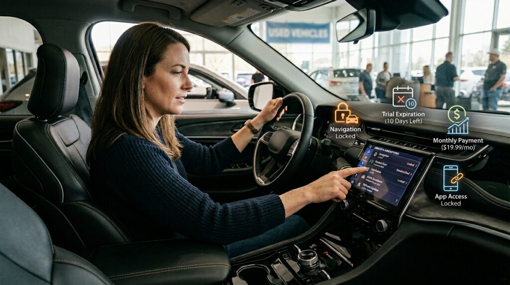 Used car buyer checking subscription features, expired trials, and locked vehicle technology before purchase