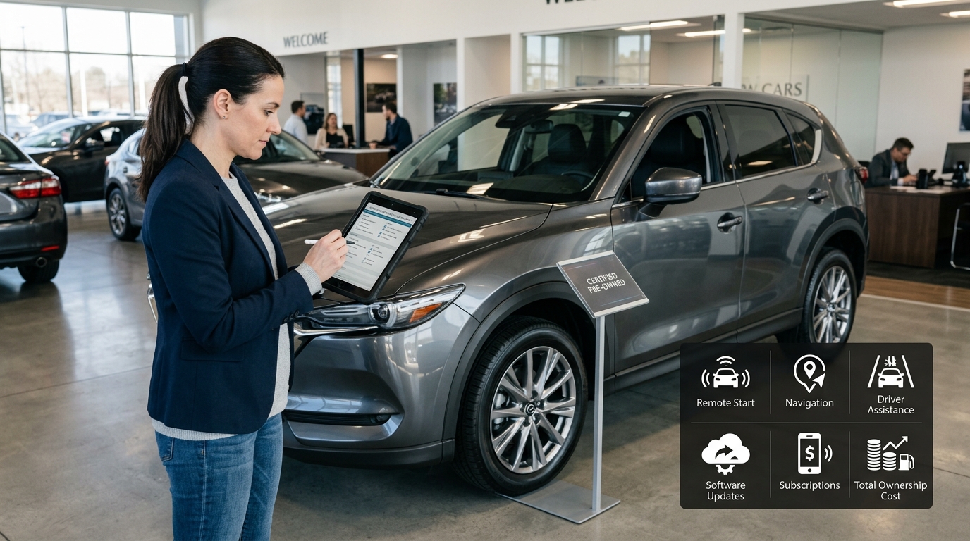 Used car buyer reviewing subscription costs, software features, and total ownership expenses before purchase
