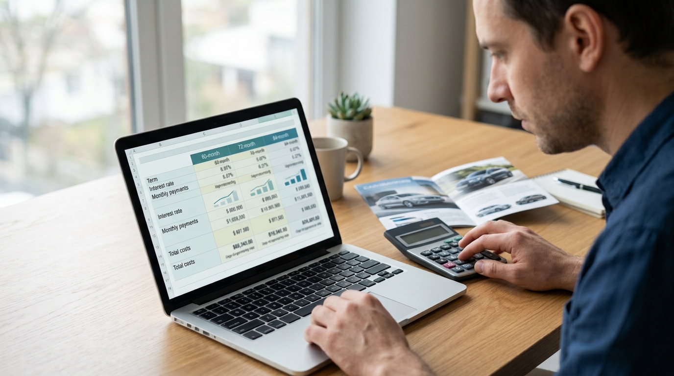 Buyer comparing different car loan terms before purchasing a vehicle