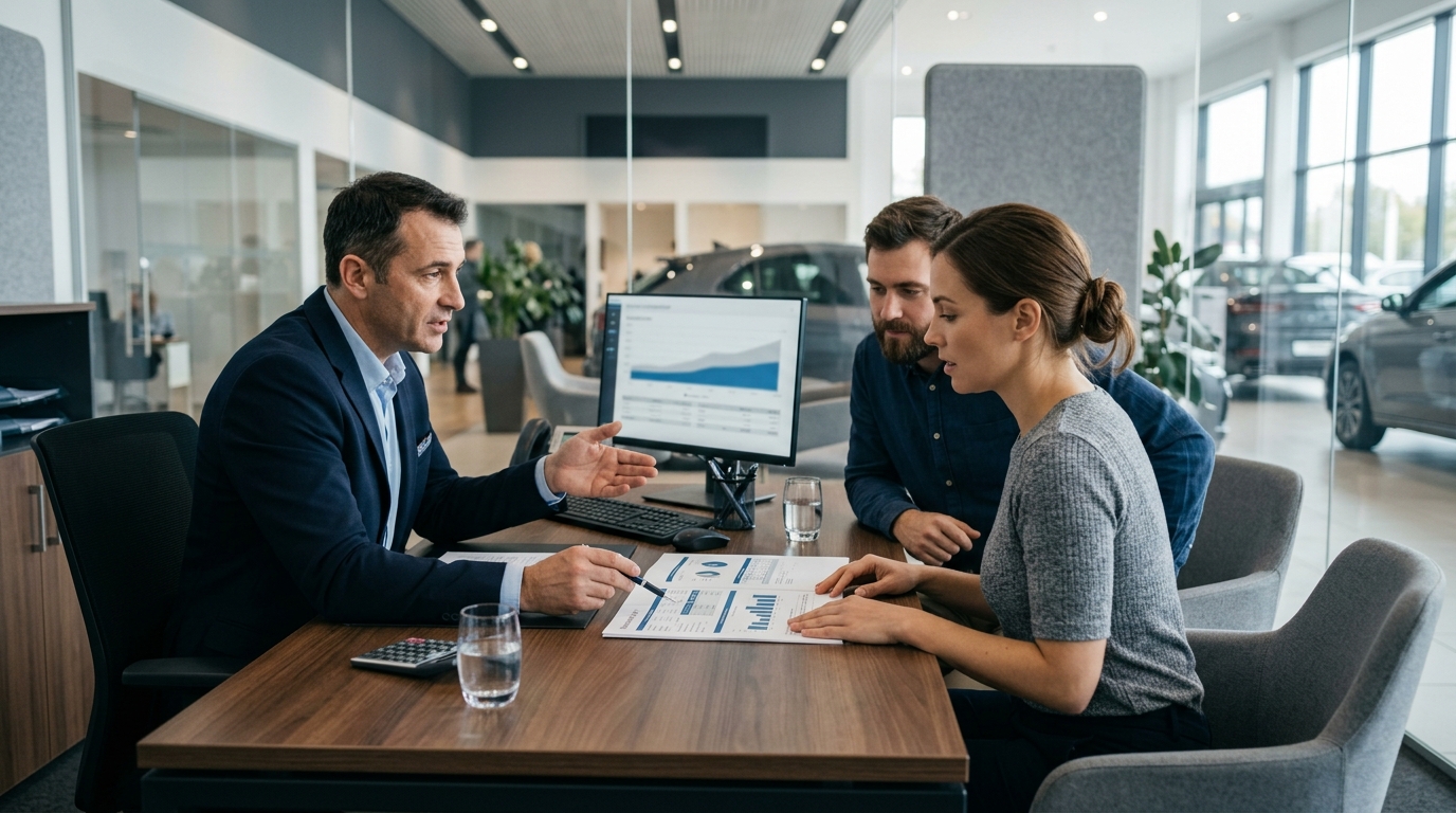 Buyer discussing auto loan terms with dealership finance manager