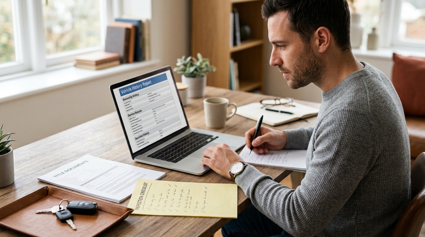 Buyer reviewing vehicle history report before buying a used car