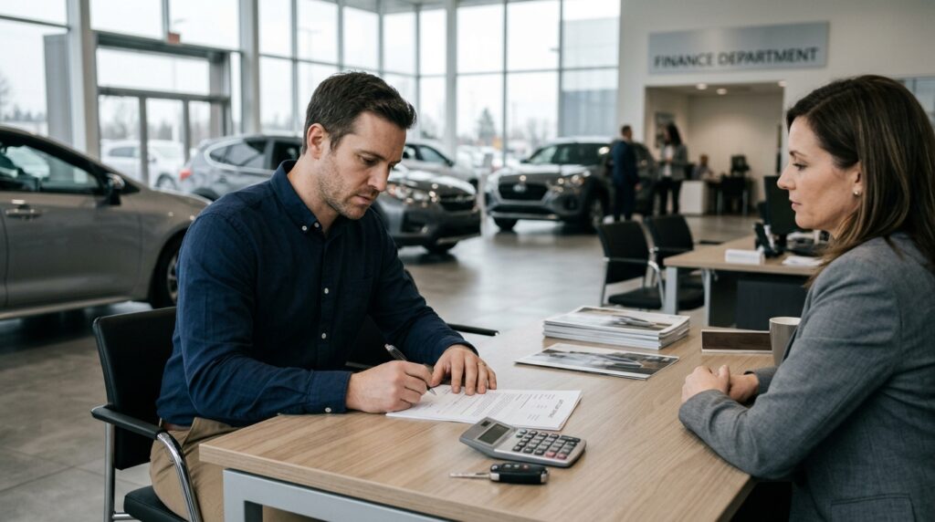 Car buyer reviewing an 84-month auto loan contract at a dealership