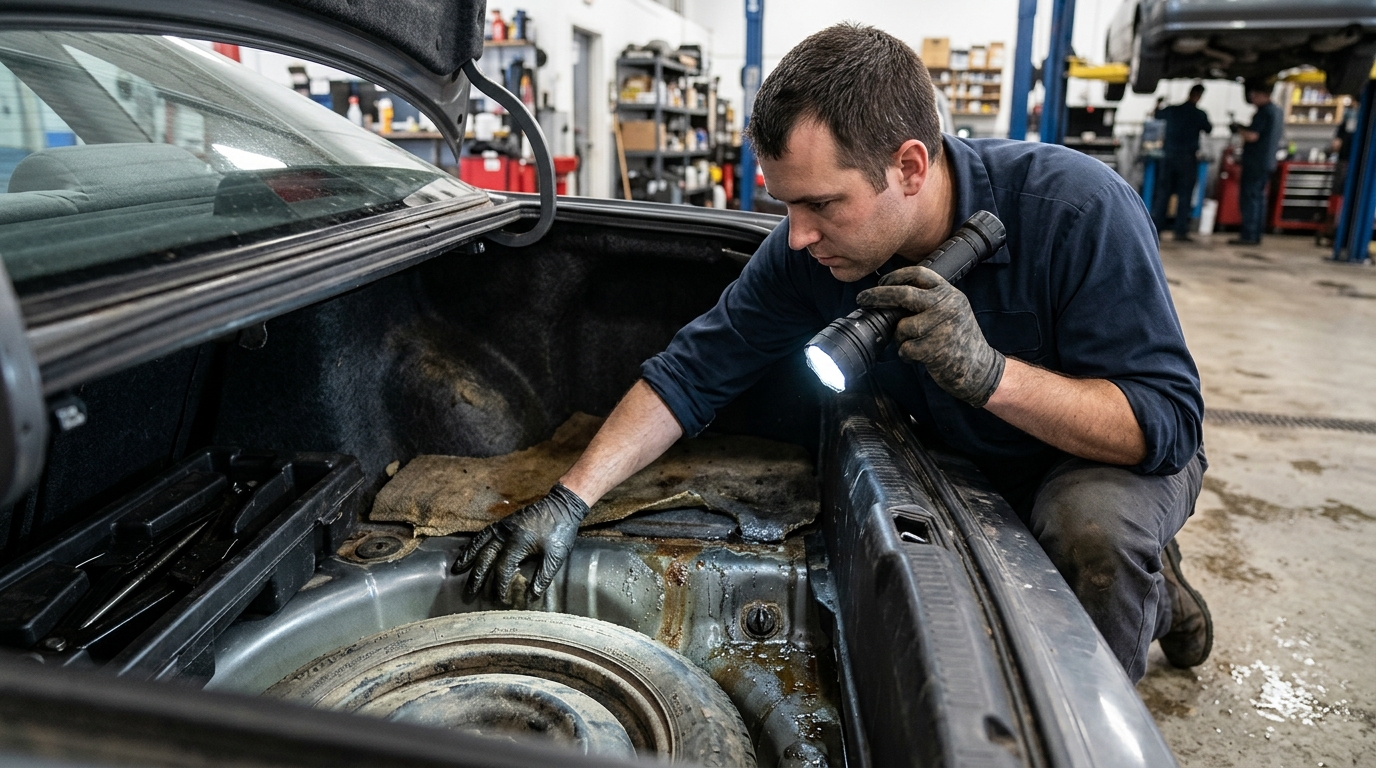 Mechanic checking spare tire well for flood damage signs
