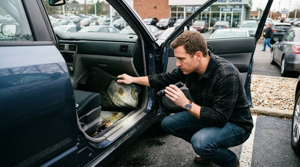 Used car buyer checking for hidden flood damage before purchase