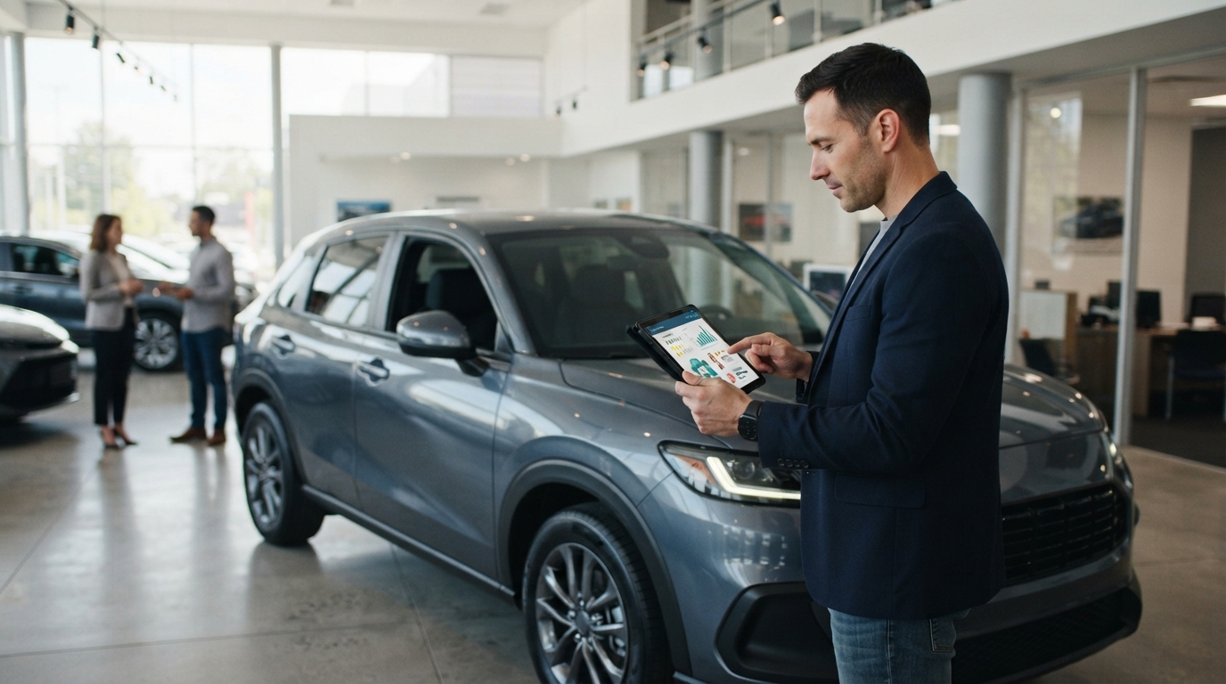 Car buyer comparing pedestrian safety ratings and driver assistance features