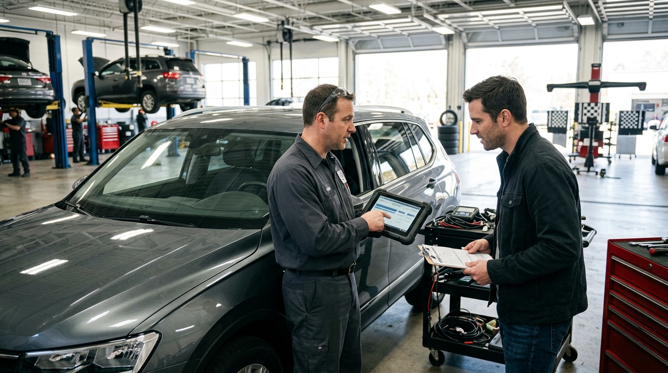 Used car buyer reviewing windshield repair and ADAS calibration records with a technician